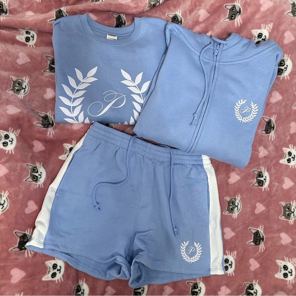 PINK Blue Sweatshirt, Hoodie zip-up, and Shorts Set